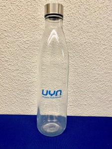 UYN Glass Water Bottle blue Logo 
